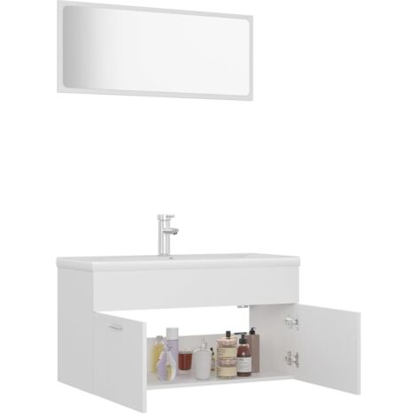 Ensemble Meuble Salle De Bain Blanc - Armoire Vasque + 2 Armoires Hautes + Miroir - Aggloméré Et Acrylique