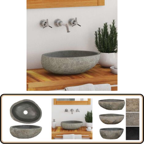 Évier En Pierre De Rivière Noire Creusé D'un Seul Bloc - Lavabo Ovale, Dimensions 58x50,5x12 Cm - Occasion