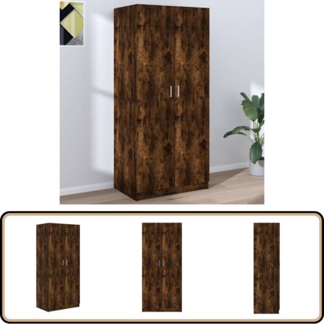 Garde-robe Chêne Fumé 80x50x200 Cm - 1 Compartiment + 2 Tiroirs - En Bois D'ingénierie - À Monter