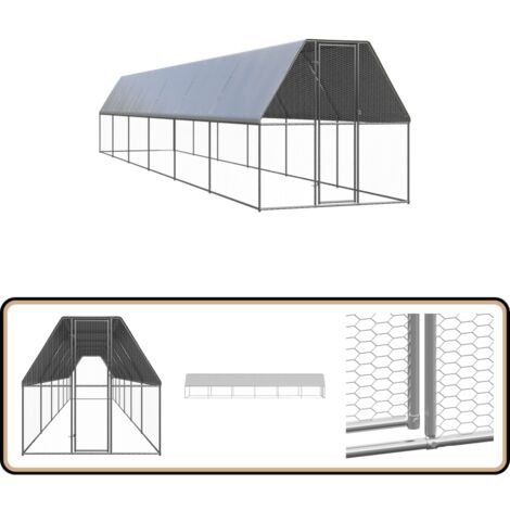 Poulailler Extérieur En Acier Galvanisé 2x8x2 M - Avec Toit En PE Et Porte à Serrure - Volière Pour Poules, Canards