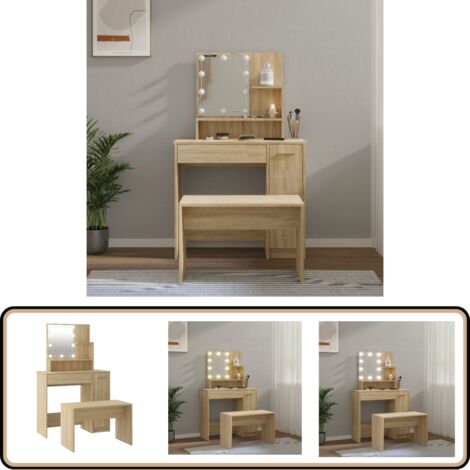Ensemble Coiffeuse Avec Miroir LED, Noir, En Bois D'Ingénierie - Moderne & Élégant