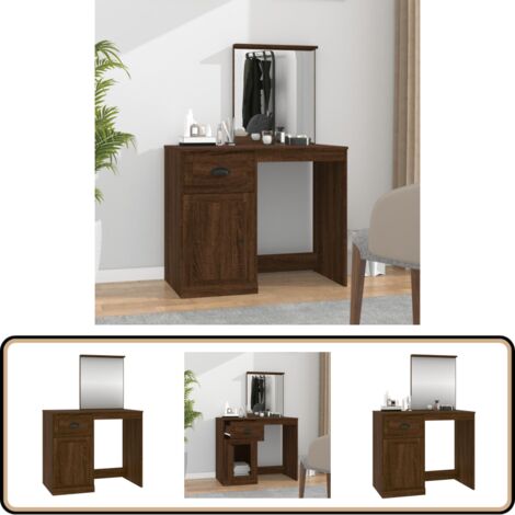 Coiffeuse et miroir chêne marron 90x50x132,5 cm bois ingénierie - Coiffeuse - Meuble De Salle De Bain - Table De Maquillage - Vanity - Miroir (1/5)