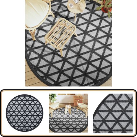 Tapis Extérieur Rond TERRE JARDIN - Polypropylène 350g/m², Ø150cm, Anti-UV, Noir/Blanc