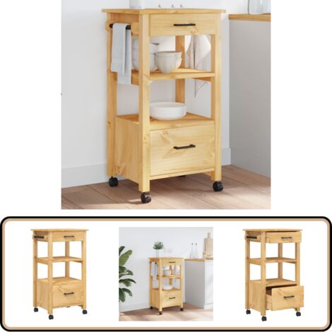 VidaXL Chariot De Cuisine En Bois Pin Massif – 48x40x90 Cm Avec étagère Et Tiroirs – Style Vintage, Roues Verrouillables