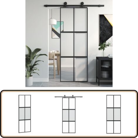 Porte coulissante noir 76x205 cm verre trempé aluminium - Portes ...