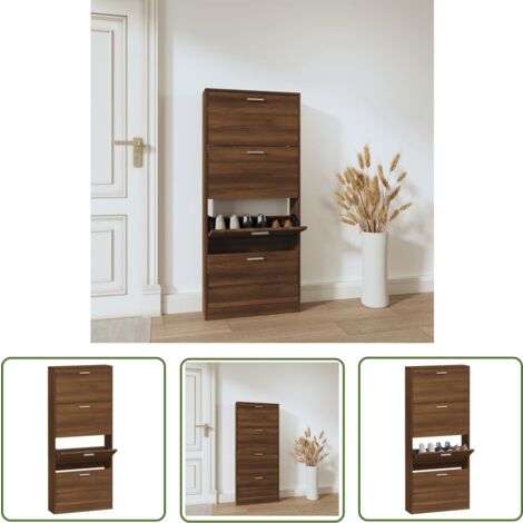 The Living Store Armoire à chaussures Chêne marron 59x17x150cm Bois d'ingénierie - Meuble Range Chaussure - Armoire Chaussure - Rangement Chaussure - Placard Chaussure - Commode Chaussure (1/5)