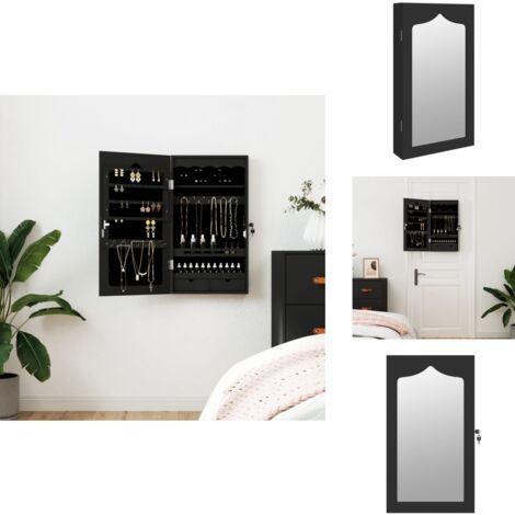 Armoire à Bijoux Murale Avec Miroir 37,5x10x67 Cm – Organisateur Élégant Verrouillable, Bois Ingénierie, 2 Tiroirs + Crochets, Style Minimaliste