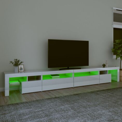 Meuble TV Blanc Avec Lumières LED RGB - Dimensions 120x30x36 Cm - En Bois Aggloméré Et Verre Trempé