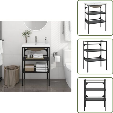 Cadre De Lavabo De Salle De Bain Noir Avec Vasque Céramique Encastrée – Meuble Lavabo Ouvert – Fer Laqué