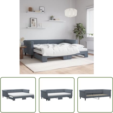 Lit De Jour Avec Tiroir Gigogne Et Matelas – 90x200 Cm – Velours Gris Clair – Neuf