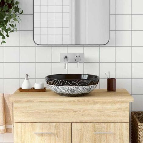 Vasque à Poser Ronde Talavera – Serena – Céramique Noire Et Blanche – 40 Cm – Mexique