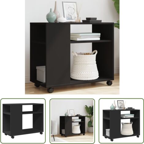 VidaXL Table D'appoint Noire Sur Roulettes – 55x60x78 Cm – Bois D'ingénierie, 2 étagères, Charge 50 Kg – Roues Pivotantes (2 Freinables)