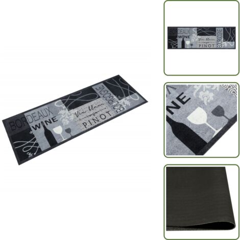 The Living Store Tapis de cuisine lavable imprimé Wine gris 60x180 cm velours - Tapis De Cuisine - Tapis Absorbant - Tapis Lavable - Tapis Vin Gris - Tapis Décoratif