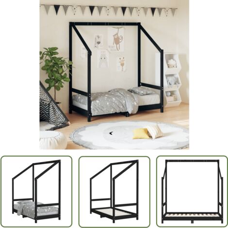 The Living Store Cadre de lit pour enfant noir 70x140 cm bois de pin massif - Lit Bébé - Lit Enfant - Cadre Lit Enfant - Lit Design Enfant - Mobilier Enfant (1/5)