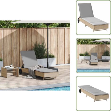 Chaise Longue De Jardin Avec Table Et Coussin - Résine Tressée (poly Rattan), Gris - Dossier 5 Positions, Housse Lavable