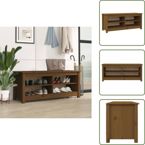 Banc à Chaussures En Pin Massif – Teinte Miel, Dimensions 110x38x45,5 Cm