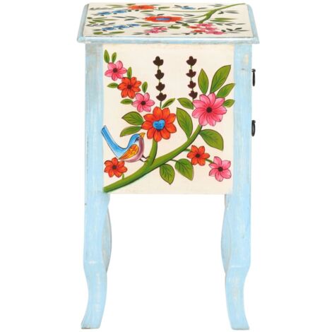Table De Chevet Peinte à La Main En Bois De Manguier - 40x30x50 Cm, 2 Tiroirs, Style Rétro Coloré - Meuble Chambre Déjà Assemblé