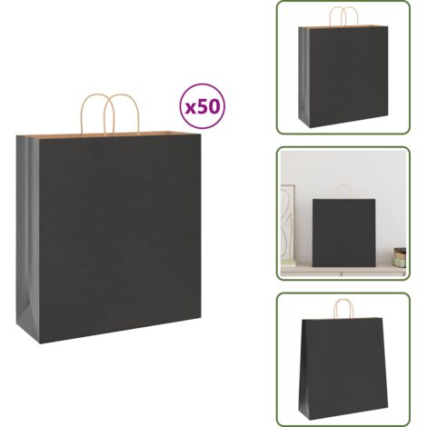 Lot De 50 Sacs Cabas Noir En Papier Kraft Avec Poignées - 26x14x32 Cm