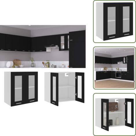 Armoire De Cuisine Suspendue En Verre - Meuble Rangement Noir 60x31x60 Cm - 2 Étagères Et Portes