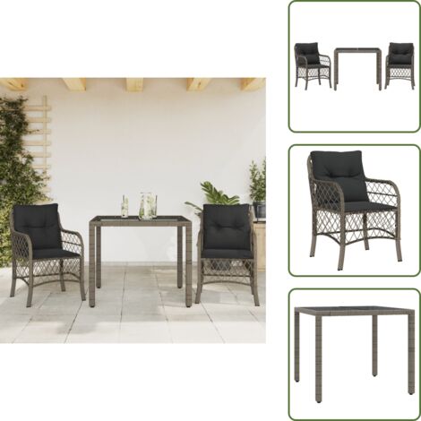 Ensemble Salon De Jardin 3 Pièces Bistro 2 Personnes - Fauteuils Osier PEHD Avec Coussins + Table Basse Verre Trempé - Gris/anthracite