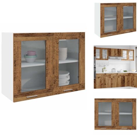 Armoire Suspendue Verre Et Bois Noir 80x31x60cm - Meuble Haut Cuisine 2 Portes Vitrée - Rangement Vaisselle, épices, Appareils