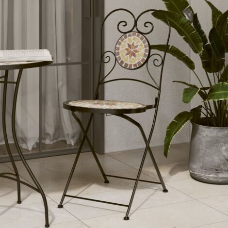 Lot De 2 Chaises De Bistro Pliantes - Sièges Terrasse/balcon En Céramique Blanc & Terre Cuite - 38x45.5x89.5 Cm