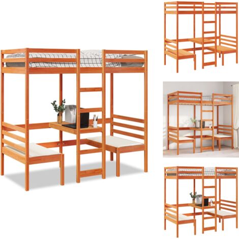 Lit mezzanine avec bureau et chaises brun cire 75x190 cm pin - Cadre De Lit Superposé - Cadres De Lit Superposés - Cadre De Lit Mezzanine - Cadre De Lit Haut (1/5)