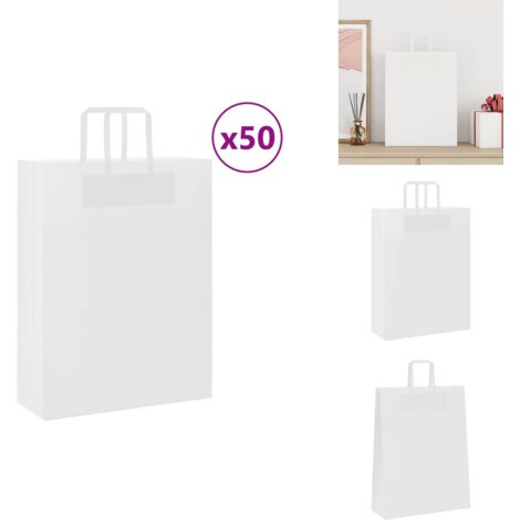 Lot De 50 Grands Sacs En Papier Kraft Blanc Avec Poignées - 13x7x17 Pouces, Réutilisables