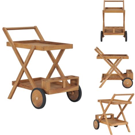 Chariot De Service En Bois D'acacia Style Teck - 60x100x76 Cm Avec Plateau, Tiroir Et Porte-verres - 6