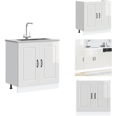 Vidaxl – Meuble bas sous évier Kalmar blanc brillant 80x46x81,5 cm – Bois d'ingénierie durable – Pieds réglables – Grand espace de rangement