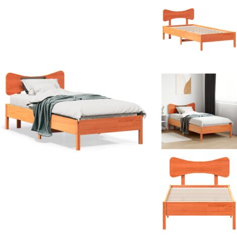 Cadre De Lit 90x190 Cm En Pin Massif Cire Marron – Tête De Lit Incluse, Lattes Renforcées, Style Moderne