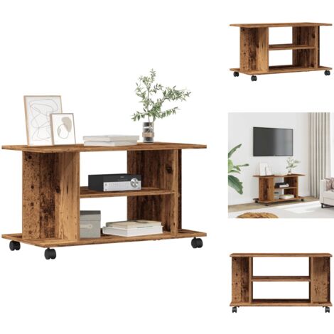 Meuble TV HIFI à Roulettes - 2 Portes Vitres Fumées - Long 107 Cm - Bois