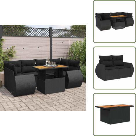 Salon De Jardin 7 Pièces VidaXL En Résine Tressée Noir - Canapés Avec Coussins, Neuf Sous Emballage