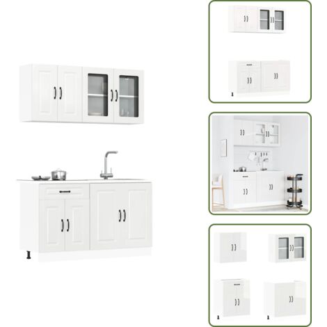Ensemble D'armoires De Cuisine 7 Pièces Kalmar - Blanc Brillant, Bois D'ingénierie Et Verre - Meubles Rangement