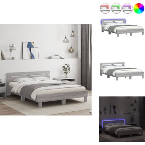 Cadre De Lit 140x200 Cm – Gris Sonoma, Avec Tête De Lit Et LED, Neuf