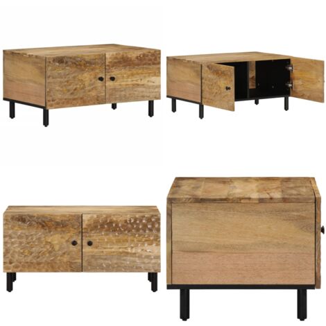 Table basse ronde gravée bois manguier massif et métal noir D80 cm VIBES