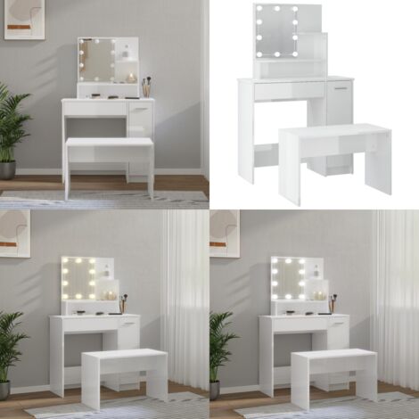 Vicco Coiffeuse blanc brillant/blanc 110cm avec miroir et lampes