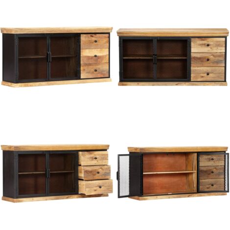 Buffet TV Industriel Rustique 160 Cm – Pour Télés 65/75 Pouces – Portes Grillées, Chêne Vieilli