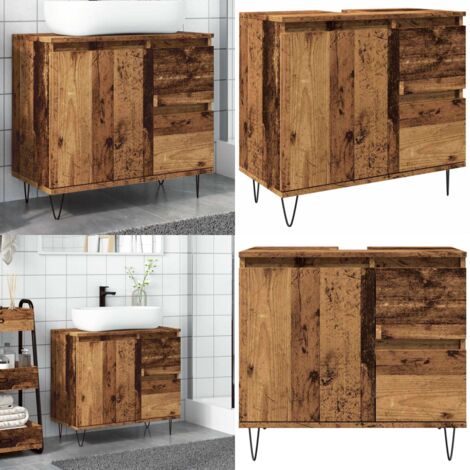 Armoire Lavabo Salle De Bain Chêne Artisanal 65x33x60 Cm - Meuble Rangement Sous Évier Avec Pieds Métal