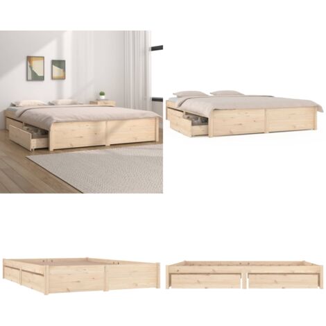 Cadre De Lit Double 180x200cm Avec Tiroirs - Bois De Pin Massif - Sommier à Lattes - Blanc - 8