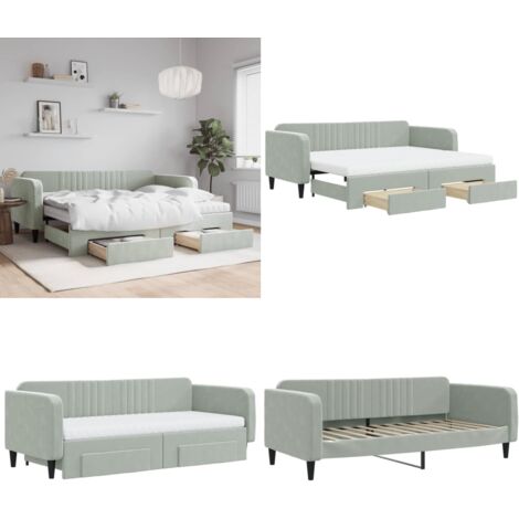 Lit De Jour Gigogne 90x200cm Gris Clair Velours Avec Tiroirs - Neuf