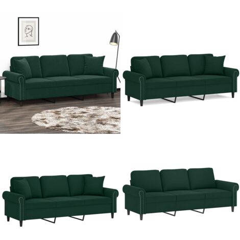Canapé 3 Places Velours Vert Foncé 180 Cm Avec Coussins