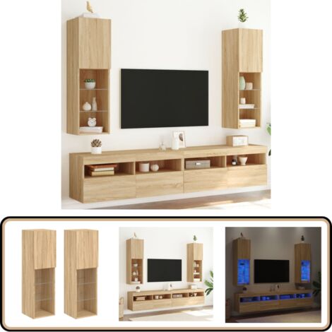 Meubles TV avec lumières LED 2 pcs chêne sonoma 30,5x30x102 cm - Meuble Tv - Meuble Audiovisuel - Éclairage Led - Rangement Murale - Télévision (1/5)