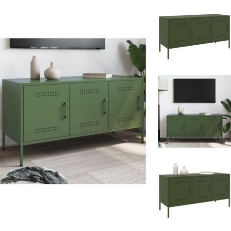 Meuble TV Style Industriel En Acier – Vert Olive 100,5x39x50,5 Cm – Grand Rangement, Facile à Nettoyer