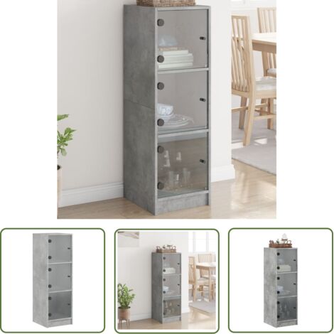 The Living Store Buffet avec portes en verre gris béton 35x37x109 cm - Buffet Design - Meuble Rangement - Armoire Moderne - Buffet Vitrine - Mobilier Salon (1/5)