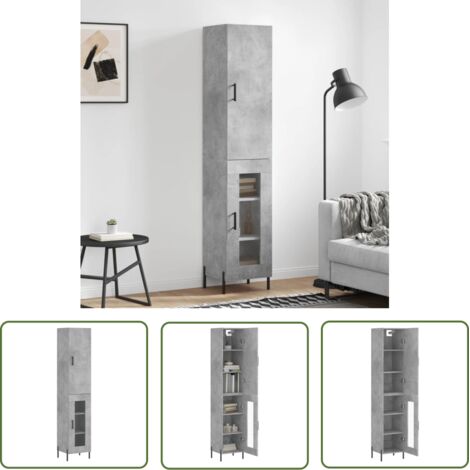 The Living Store Buffet haut Gris béton 34,5x34x180 cm Bois d'ingénierie - Buffet Design - Meuble Rangement - Armoire Cuisine - Mobilier Salon - Buffet Gris (1/5)