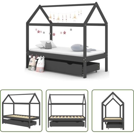 Tiroir de lit enfant gris foncé vidaXL en bois de pin massif 80x160 cm