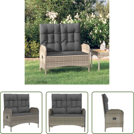 Banc de jardin gris 107 cm poly rotin avec dossier réglable et coussins