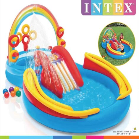 Intex – Piscine gonflable arc-en-ciel 297x193x135cm – Toboggan aquatique et pulvérisateur d'eau – Capacité 206L – Pour enfants jusqu'à 81kg