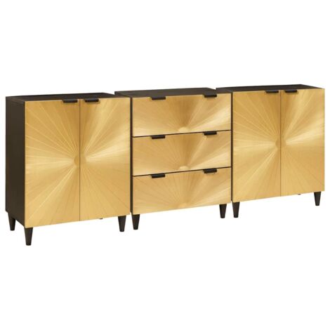Vidaxl – Buffet 3 pcs noir et or 60 x 33 x 75 cm – Bois de manguier massif – 4 étagères et tiroir – Finition élégante pour salon moderne (1/5)